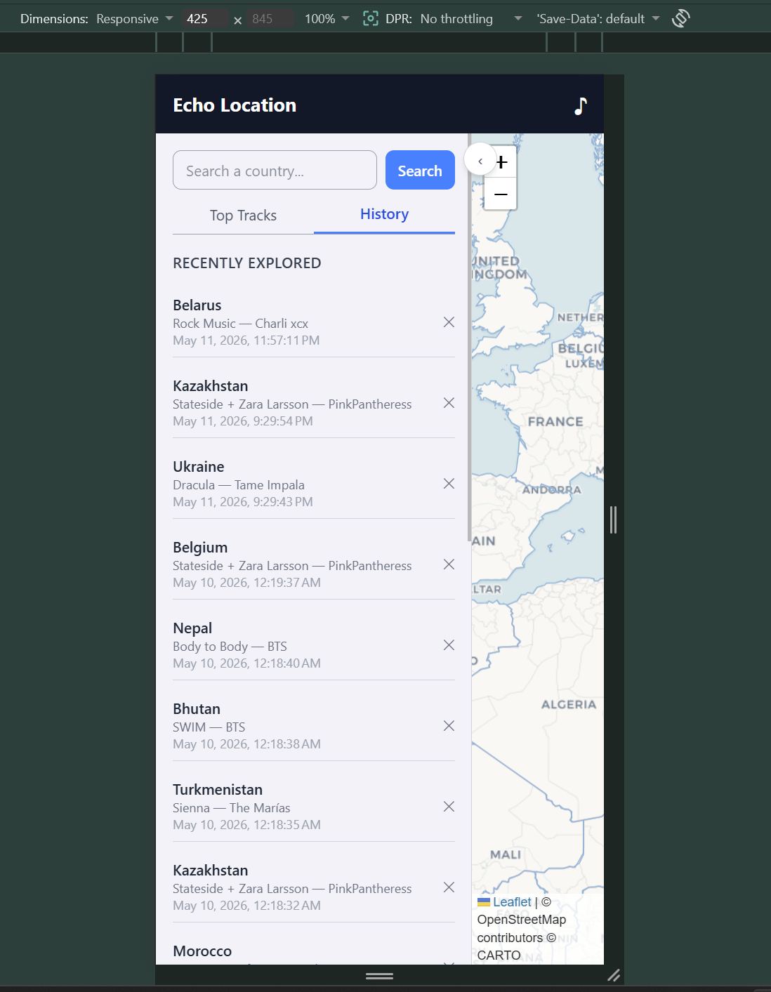 Mobile view showing the exploration history tab
